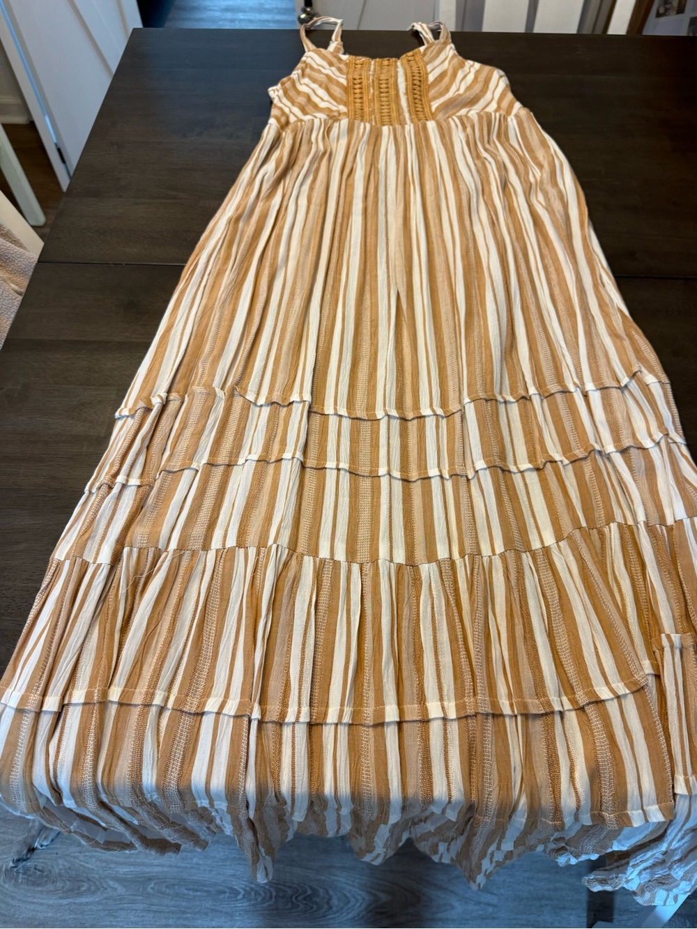 Angie Striped Cream and Tan Tiered Maxi Dressy Skirt